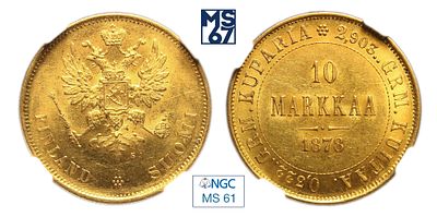 10 марок 1878. S. В слабе NGC MS 61. Золото. Гурт рубчатый. Биткин # 614 (R). Тираж 254 000 шт.