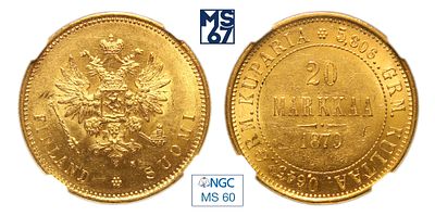 20 марок 1879. S. В слабе NGC MS 60. Золото. Гурт рубчатый. Биткин # 612. Тираж 300 000 шт.