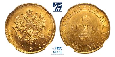 10 марок 1879. S. В слабе NGC MS 62. Золото. Гурт рубчатый. Биткин # 615. Тираж 200 000 шт.