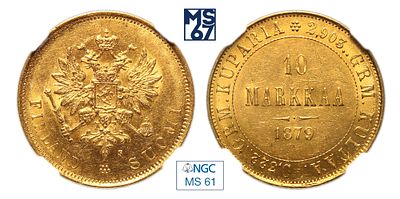 10 марок 1879. S. В слабе NGC MS 61. Золото. Гурт рубчатый. Биткин # 615. Тираж 200 000 шт.