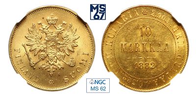 10 марок 1882. S. В слабе NGC MS 62. Золото. Гурт рубчатый. Биткин # 229. Тираж 386 040 шт.