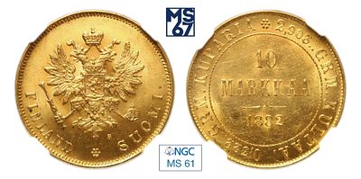 10 марок 1882. S. В слабе NGC MS 61. Золото. Гурт рубчатый. Биткин # 229. Тираж 386 040 шт.