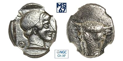 Триобол 5 в. до н.э. В слабе NGC Ch XF. Серебро. Фокида.