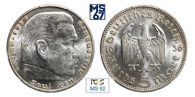 5 марок 1936. А. В слабе PCGS MS 62. Серебро. Германия. Третий Рейх.