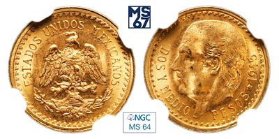 2,5 песо 1945. Рестрайк. В слабе NGC MS 64. Золото. 2,08 гр. Мексика.
