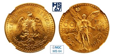 50 песо 1947. Рестрайк. В слабе NGC MS 64. Золото. 37,5 гр. Мексика.