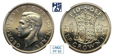 Пол кроны 1951. В слабе NGC PF 65. Медно-никелевый сплав. Великобритания. Король Георг VI.