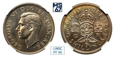 2 шиллинга 1951. В слабе NGC PF 66. Медно-никелевый сплав. Великобритания. Король Георг VI.