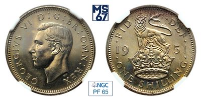 1 шиллинг 1951. В слабе NGC PF 65. Медно-никелевый сплав. Великобритания. Король Георг VI.