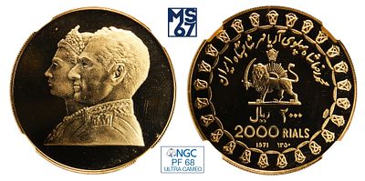 2000 риалов 1971. В слабе NGC PF 68 Ultra Cameo. Золото. 26,06 гр. Иран. 2500 лет Персидской 