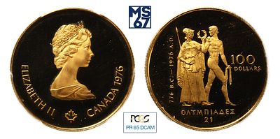 100 долларов 1976. В слабе PCGS PR 65 Dcam. Золото. Канада. Олимпиада 1976 в Монреале. Тираж 