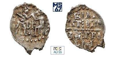 Денга 1420-78. В слабе PCGS AU 55. Серебро. Новгородская республика.
