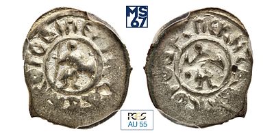 Денга 1450-61. В слабе PCGS AU 55. Серебро. Тверь. Борис Александрович.