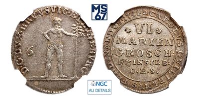 6 мариенгрошей 1784. В слабе NGC AU Details. Серебро. Германия. Брауншвейг-Вольфенбюттель. Карл 