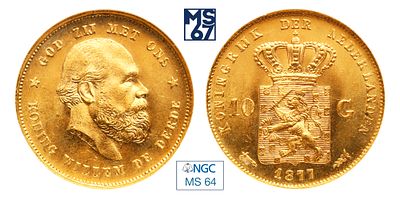 10 гульденов 1877. В слабе NGC MS 64. Золото. 6,73 гр. Нидерланды. Король Виллем III.
