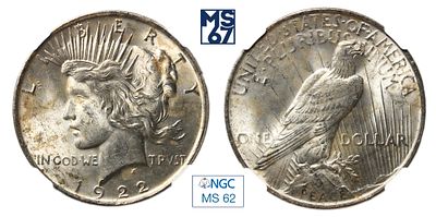 1 доллар 1922. В слабе NGC MS 62. Серебро. Peace Dollar. США. Без отметки монетного двора.