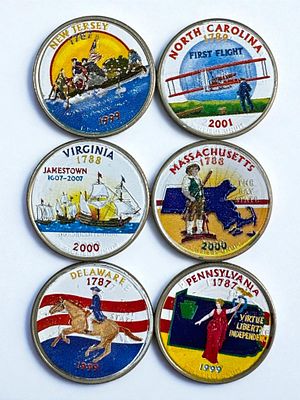 לוט 6 מטבעות ארה"ב ע"ס רבע דולר כ"א, גרסאות צבעוניות.