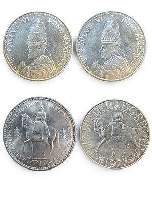 לוט 4 מטבעות רשמיים - 2 בריטים ו2 נוצרים עם הכיתוב ירושלים ובית לחם.