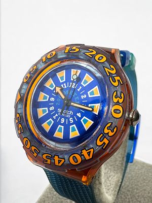 שעון צלילה שווייצרי לגבר תוצרת סווטש Swatch. מנגנון קוורץ לא נבדק עם סוללה. מצב טוב. קוטר: 3.7 ס"מ.