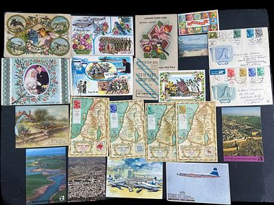 לוט פריטי נייר ישראלים כולל אגרות שנה טובה מוקדמות, גלויות ועוד.