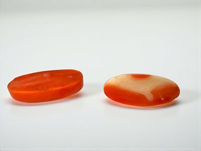 זוג אבני קורל טבעי. אורך: 2 ס״מ. 
משקל: 4 גרם.