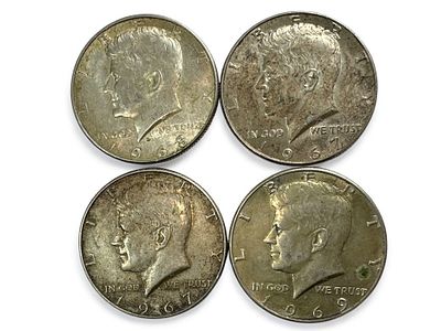 4 מטבעות ארה"ב עשויים כסף 400 ע"ס חצי דולר כ"א. משקל: 46 גרם.