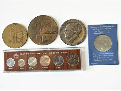 אוסף מדליות ומטבעות ישראליים — כולל מדליות בן גוריון, ירושלים ופתח תקווה, מדליה לציון מאה שנה 