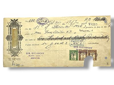 בולי פלשתינה על גבי צ'ק שנשלח מגרמניה לארץ ב1936.