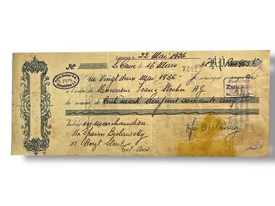 בולי פלשתינה על גבי צ'ק שנשלח מגרמניה לפלשתינה ב1936.