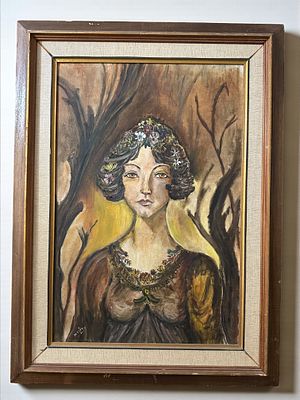 אמן לא מזוהה - דמות אשה שמן על בד, חתום. מידות: 57x77 ס"מ.