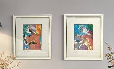 ברכה לביא - שיר השירים, 2 ליטוגרפיות חתומות בעפרון. ממוסגרות.
. 25x30 
12x17