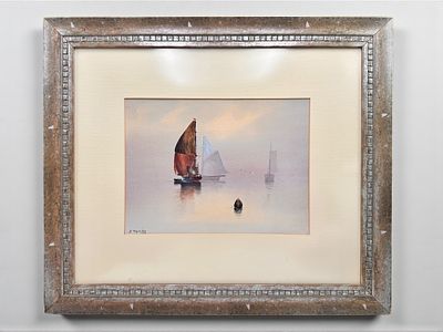 אמן לא מזוהה - סירות, טכניקה מעורבת על קרטון. חתום J. Thomas.