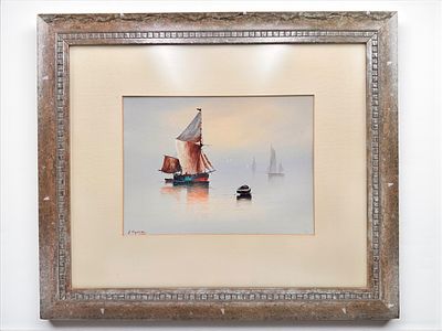 אמן לא מזוהה - סירות, טכניקה מעורבת על קרטון. חתום J. Thomas.