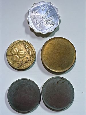 5 מטבעות ישראל עם טעויות הטבעה - 3 מטבעות גלם, מטבע 5 אגורות עם תאריך מחוק חלקית ומטבע אגורה הפוכה.