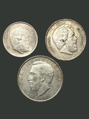 3 מטבעות הונגריה - שניים מהם עשויים כסף 500 (שנות ה40). משקל הכסף: 32 גרם.