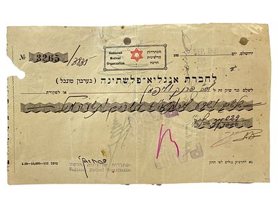 צ'ק או שטר חוב לא שכיח של הסתדרות מדיצינית הדסה עבור חברת אנגלו פלשתינה שנת 1931. חתימות שונות.