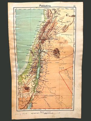 מפת פלשתינה - הודפסה בגרמניה בשנת 1928. מידות: 34x21 ס"מ.