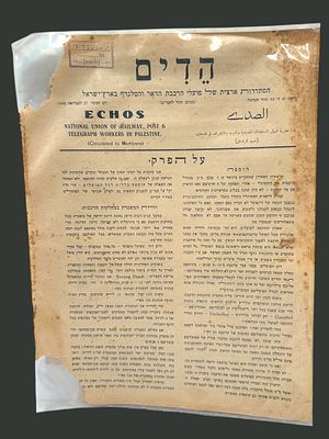 מגזין "הדים" 1930 - עבור הסתדרות ארצית של פועלי הטלגרף, הדואר והרכבת בארץ ישראל. 22x45