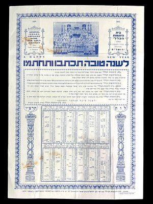כרזת שנה טובה מאת בית היתומות הכללי ירושלים שנת תרצ"ו (1936). מידות: 41x29 ס"מ.