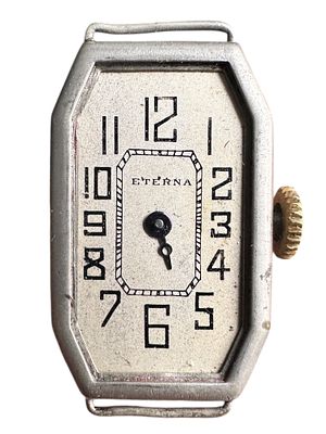 שעון eterna אטרנה עתיק ולא שכיח, שנות ה20 בקירוב. מנגנון מכני במצב עבודה תקין. זכוכית חסרה. רוחב 