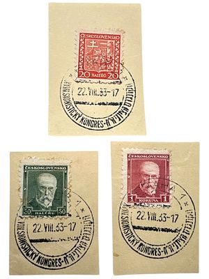 3 בולי צ'כוסלובקיה עם חותמות הקונגרס הציוני 1933.