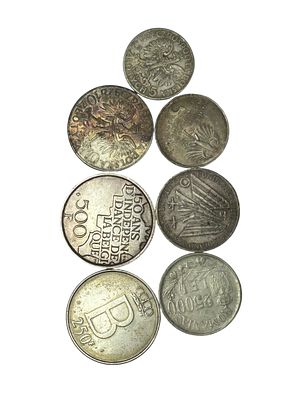 7 מטבעות כסף 500-835 כולל גרמניה, רומניה, בלגיה ופולין. משקל: 123 גרם.