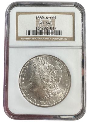 מטבע כסף 900 ארה"ב מורגן דולר 1882s, מדורג 64.