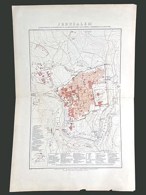 מפת ירושלים עתיקה, הודפסה בגרמניה בתחילת המאה ה20. מידות: 50x38 ס"מ.