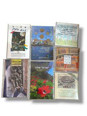 7 סטים מטבעות ישראל , חלקם לא שכיחים ( סדרת מטבעות אישים בישראל, ירושלים, מצעד החיים לפולין 