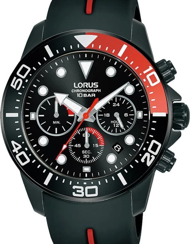 Lot 172: Lorus Mens Sports Chronograph Dated Black Dial Black Rubber Strap Watch RT347JX9 BRAND NEW BUT NEEDS BATTERY