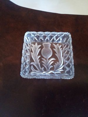 Armagh fair. Cut glass trinket dish Thistle engraved.