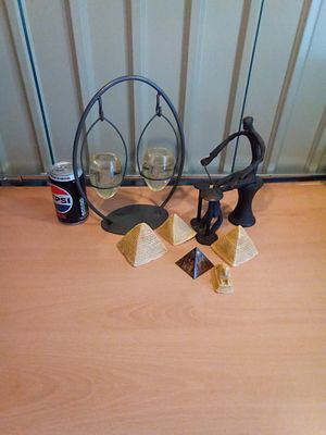 East Sussex. Metal and glass T light burner. Metal art drummer. Chalk vintage egyptian items. 