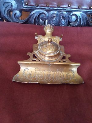 East Sussex. German made Antique ink well solid brass D.G.M. 24429Stamped on back.Lid needs 