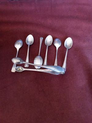 East Sussex Silver plate spoons silver plate Dixon sugar tongs. stamped